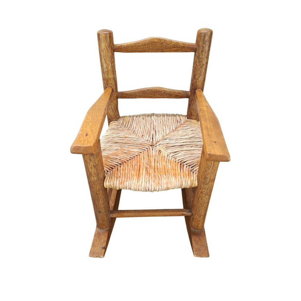Vintage Miniature Wooden Doll Rocking Chair Woven Seat Wood Toy Bear Decor Prop